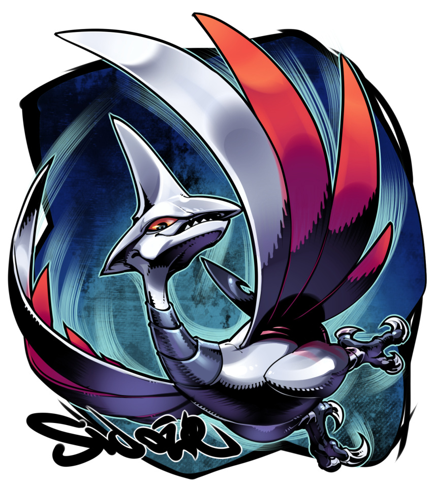bird blue_eyes claws commentary fangs flying highres looking_at_viewer no_humans pokemon pokemon_(creature) red_sclera sharp_teeth sido_(slipknot) signature skarmory solo teeth
