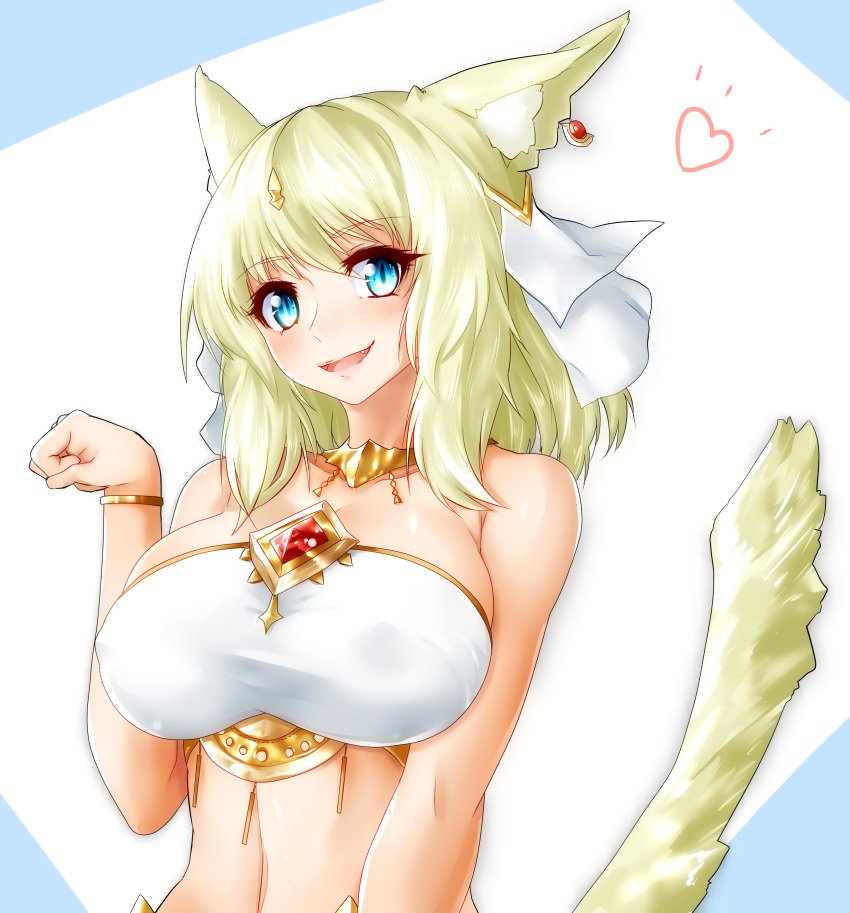 1girl absurdres bangs bare_shoulders blonde_hair blue_eyes blush bracelet breasts detached_collar earrings eyebrows_visible_through_hair fang final_fantasy final_fantasy_xiv gem hair_ornament hand_up heart highres jewelry large_breasts looking_at_viewer minarai_tenna miqo'te navel parted_lips paw_pose slit_pupils smile solo tail upper_body