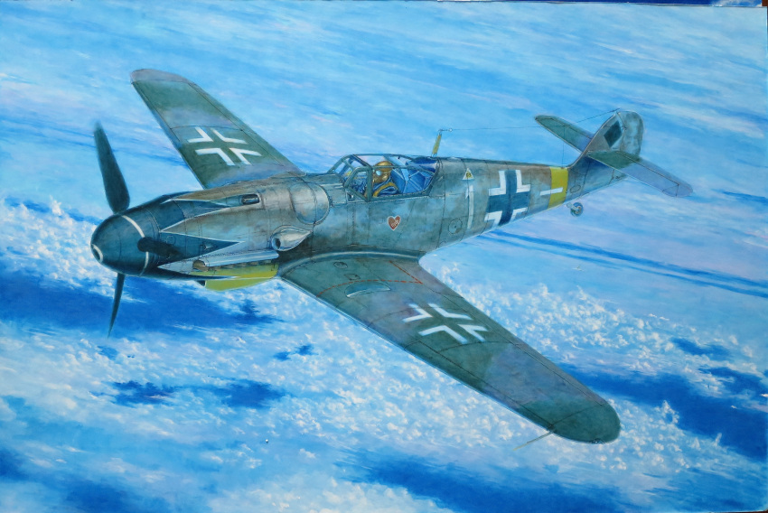 1boy above_clouds absurdres acrylic_paint_(medium) aircraft airplane calligraphy_brush_(medium) clouds commentary_request flying flying_sweatdrops goggles hayashi_toshihiro helmet highres iron_cross messerschmitt_bf109g military scenery solo traditional_media