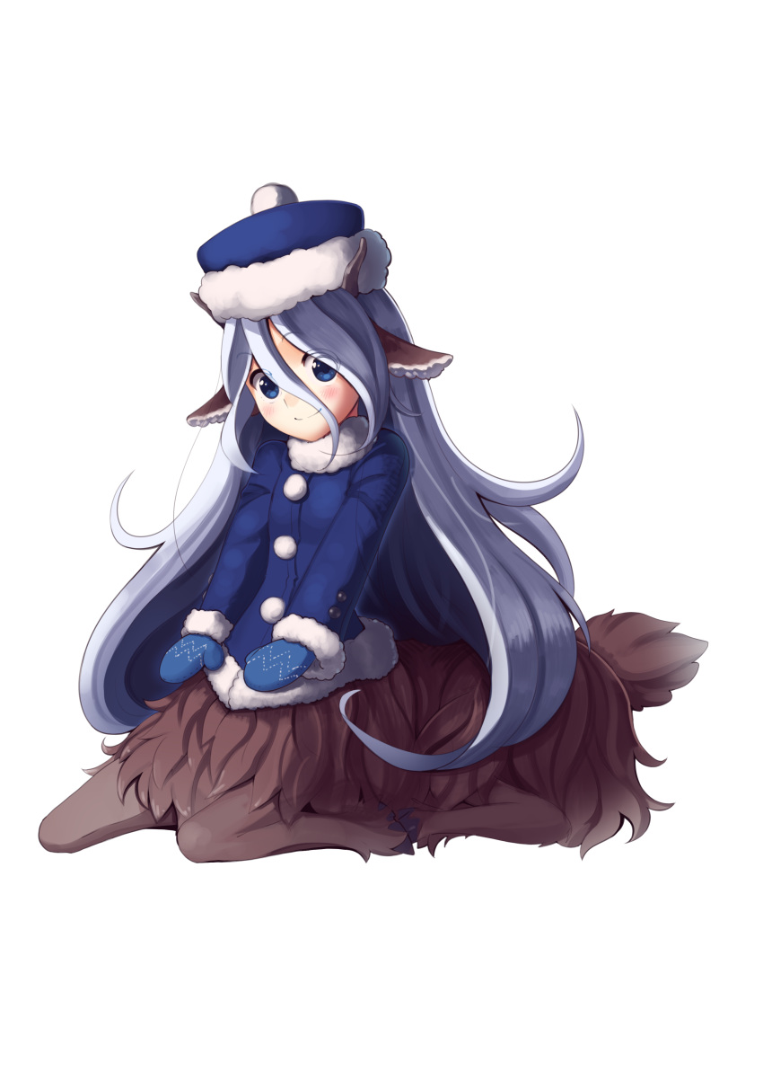 1girl absurdres animal_ears antlers blue_coat blue_eyes blue_gloves blue_hat blush boa_(brianoa) brown_fur centaur closed_mouth coat commission eyebrows_visible_through_hair eyes_visible_through_hair fur fur_trim gloves grey_hair hair_between_eyes hat highres long_hair long_sleeves looking_at_viewer mittens monster_girl_encyclopedia pom_pom_(clothes) reindeer_ears sitting smile solo transparent_background very_long_hair white_horn_(monster_girl_encyclopedia) winter_clothes winter_coat younger