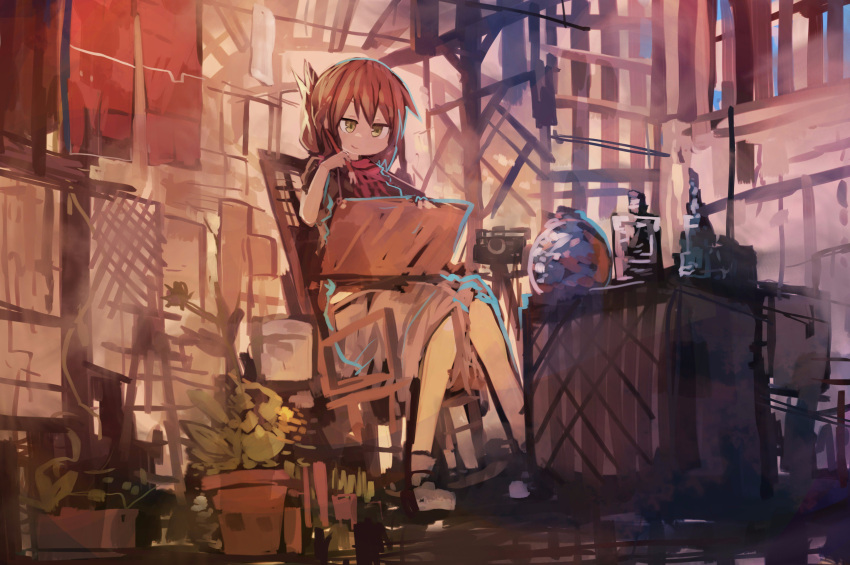 1girl absurdres bangs brown_eyes brown_hair camera chair contemporary folded_ponytail highres holding inazuma_(kantai_collection) kaamin_(mariarose753) kantai_collection paintbrush painting plant potted_plant shoes sitting smile solo studio