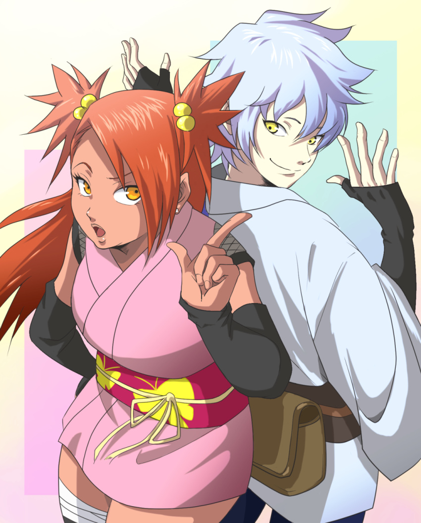 1boy 1girl akimichi_chouchou arms_up back-to-back boruto:_naruto_next_generations dark_skin hair_bobbles hair_ornament highres index_finger_raised japanese_clothes kero_(23690272) kimono long_hair looking_at_viewer mitsuki_(naruto) naruto silver_hair two_side_up yellow_eyes