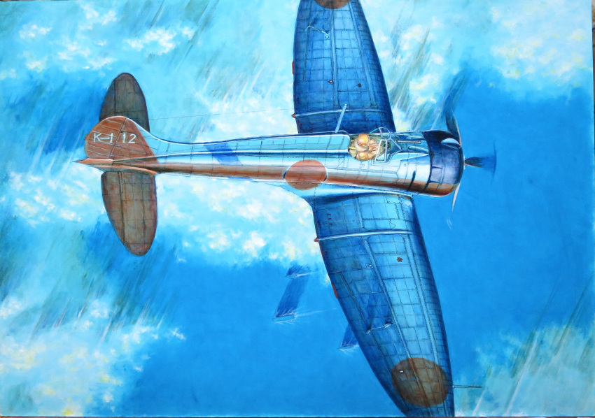 a5m above_clouds absurdres acrylic_paint_(medium) aircraft airplane calligraphy_brush_(medium) clouds commentary_request day flying hayashi_toshihiro helmet highres imperial_japanese_navy military outdoors photo solo traditional_media