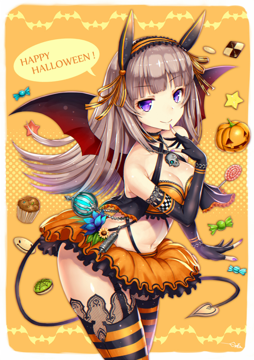 1girl bangs black_gloves blunt_bangs bra breasts brown_hair candy checkerboard_cookie cleavage closed_mouth contrapposto cookie cupcake demon_wings elbow_gloves eyebrows_visible_through_hair food garter_straps gia gloves halloween happy_halloween headphones highres jack-o'-lantern lace lace-trimmed_gloves long_hair looking_at_viewer medium_breasts navel orange_bra orange_skirt original partly_fingerless_gloves pumpkin sidelocks skirt smile solo striped striped_legwear thighs underwear violet_eyes wings