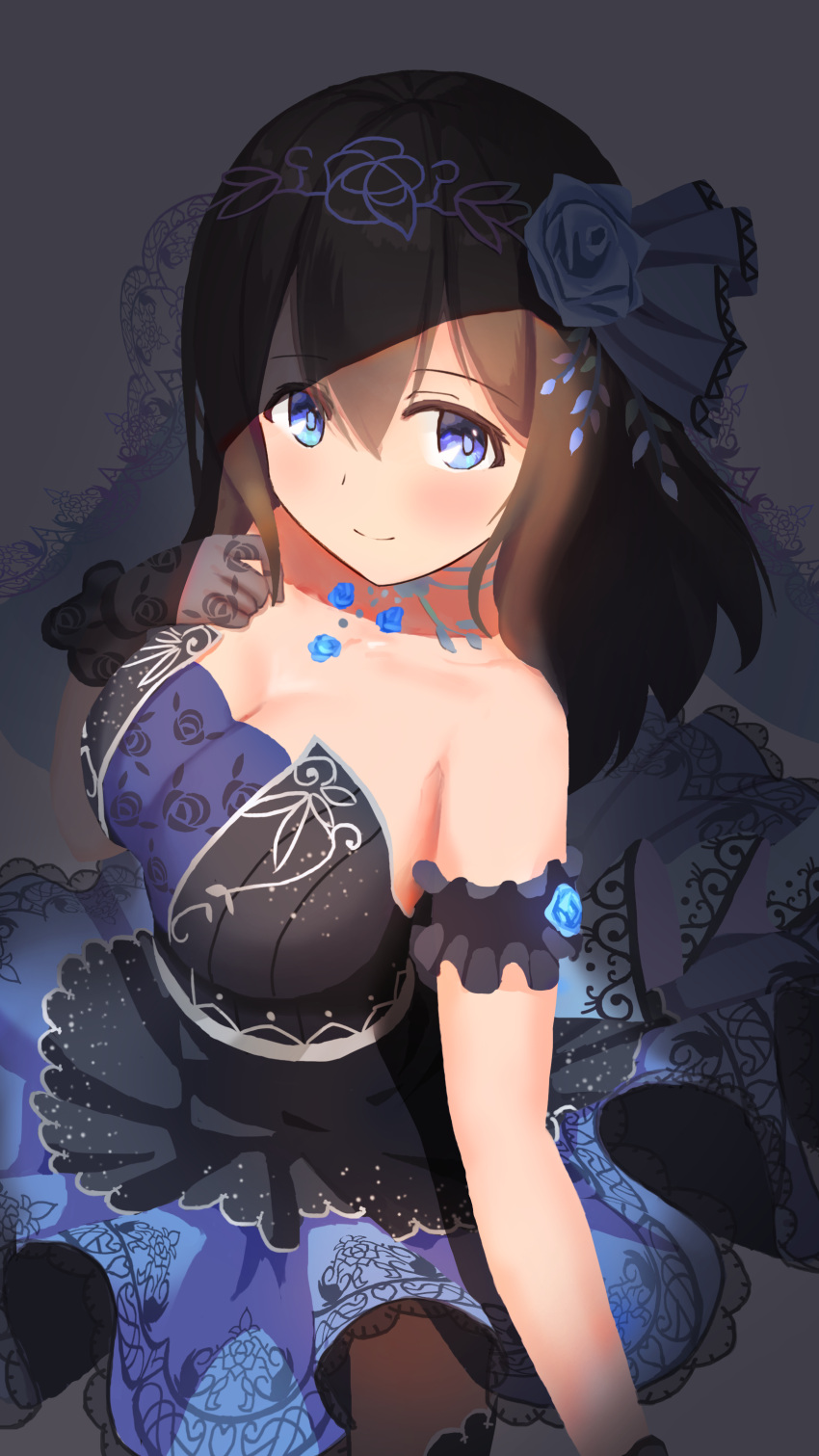 1girl absurdres armband bangs bare_shoulders black_dress black_gloves black_hair blue_eyes blue_rose blue_skirt blush breasts cleavage collarbone commentary_request diadem dress floral_print flower frilled_armband gloves hair_between_eyes hair_flower hair_ornament hand_on_own_chest highres idolmaster idolmaster_cinderella_girls idolmaster_cinderella_girls_starlight_stage jewelry large_breasts lighting long_hair looking_at_viewer looking_up necklace rose rose_print sagisawa_fumika shadow skirt solo stenciled_rose