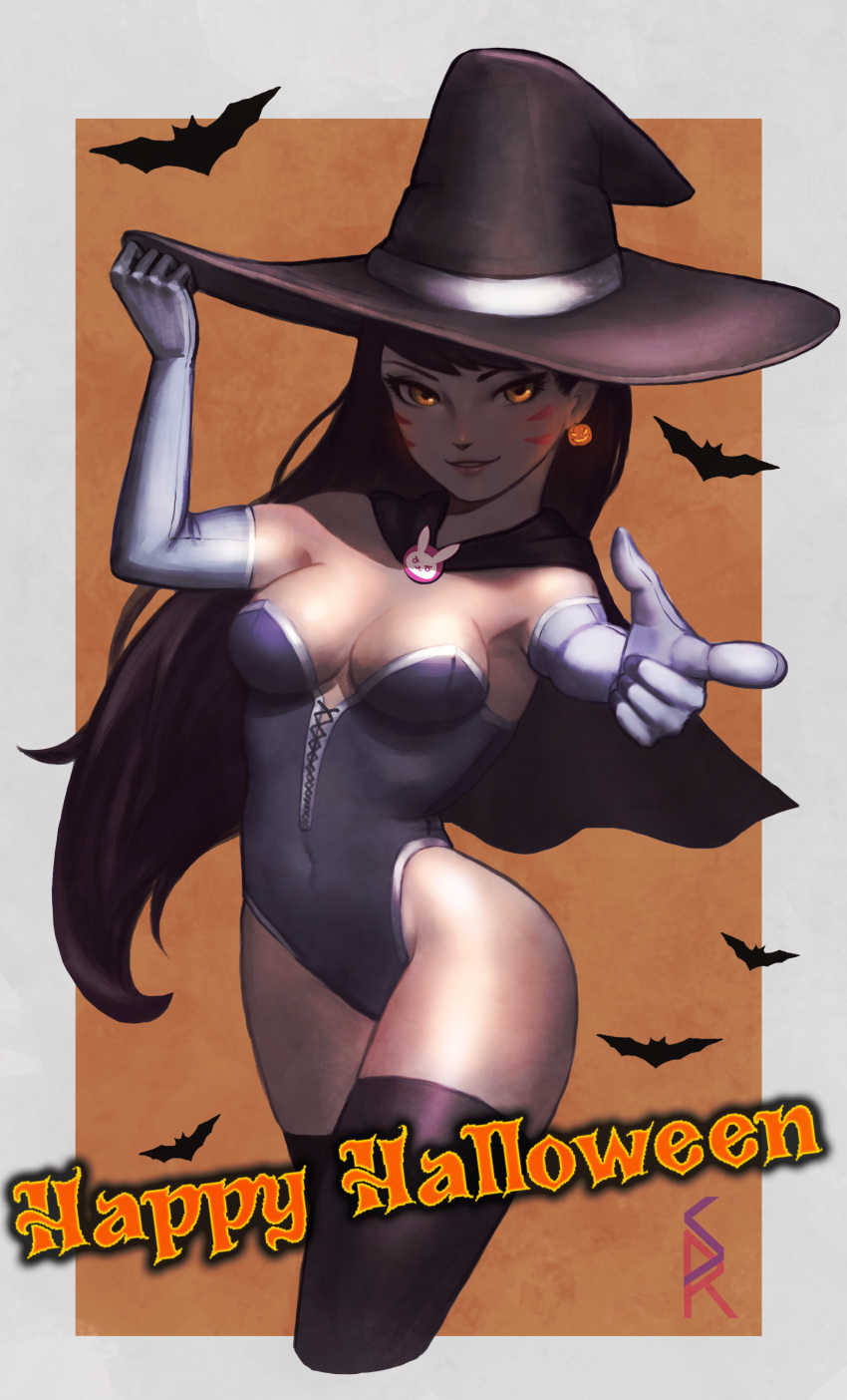 1girl absurdres alternate_costume alternate_eye_color animal_print bat breasts brooch brown_hair brown_legwear bunny_brooch bunny_print cape cleavage covered_navel cowboy_shot d.va_(overwatch) earrings elbow_gloves eyelashes eyeliner facepaint facial_mark finger_gun gloves glowing glowing_eyes glowing_jewelry halloween_costume hand_on_headwear happy_halloween hat highres jack-o'-lantern jack-o'-lantern_earrings jewelry leotard long_hair looking_at_viewer makeup medium_breasts orange_background orange_eyes overwatch parted_lips pink_lips pointing pointing_at_viewer shinra_(baby80526) signature smile solo strapless strapless_leotard thigh-highs whisker_markings white_border white_gloves witch witch_hat