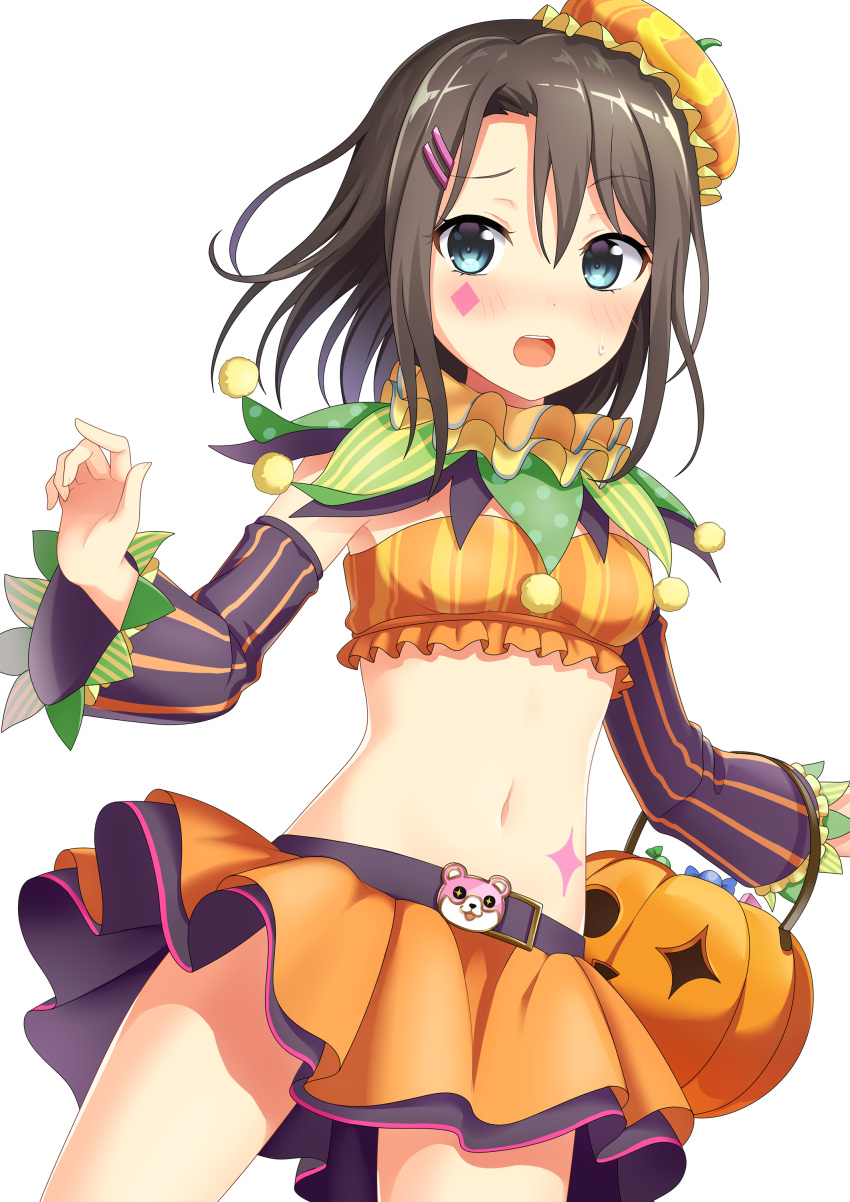 1girl absurdres armpit_peek bang_dream! bangs belt black_hair blue_eyes blush candy capelet cowboy_shot crop_top detached_sleeves food hair_ornament hairclip halloween halloween_costume hat highres midriff navel okusawa_misaki open_mouth parted_bangs pumpkin short_hair simple_background skirt solo sweatdrop white_background yuusa