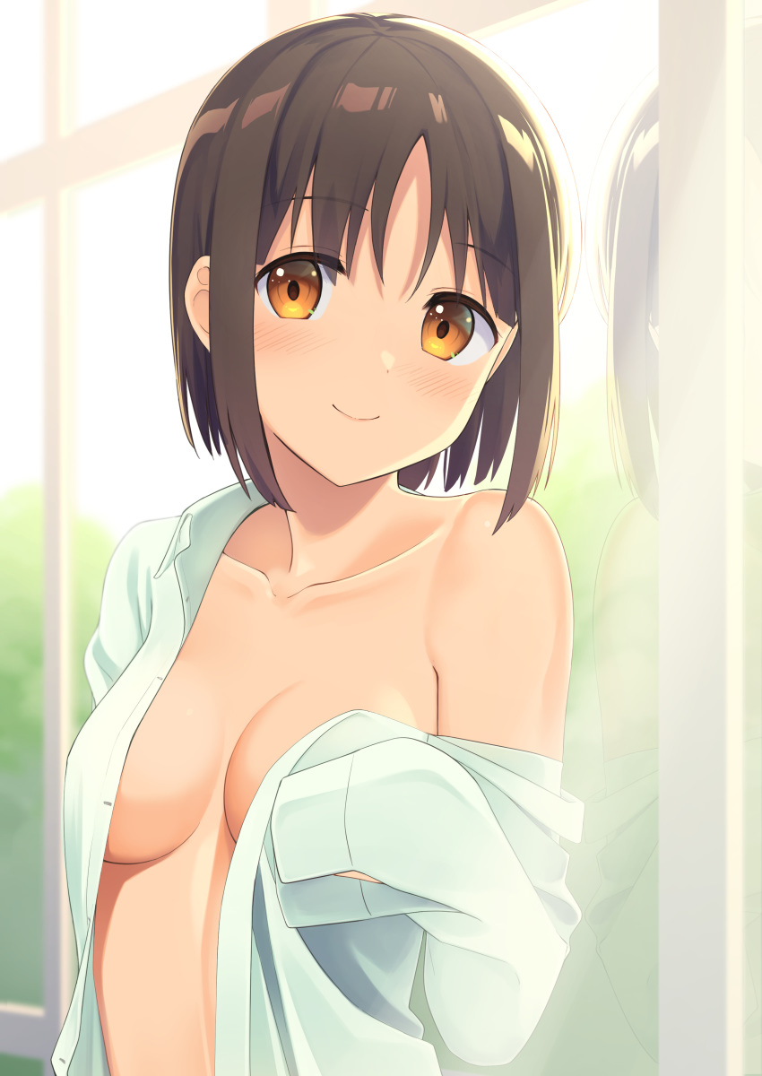 1girl absurdres apollo_(hu_maple) breasts brown_hair collarbone commentary_request highres looking_at_viewer loose_clothes loose_shirt medium_breasts naked_shirt no_bra orange_eyes original reflection shirt short_hair single_bare_shoulder sleeves_past_fingers sleeves_past_wrists upper_body window