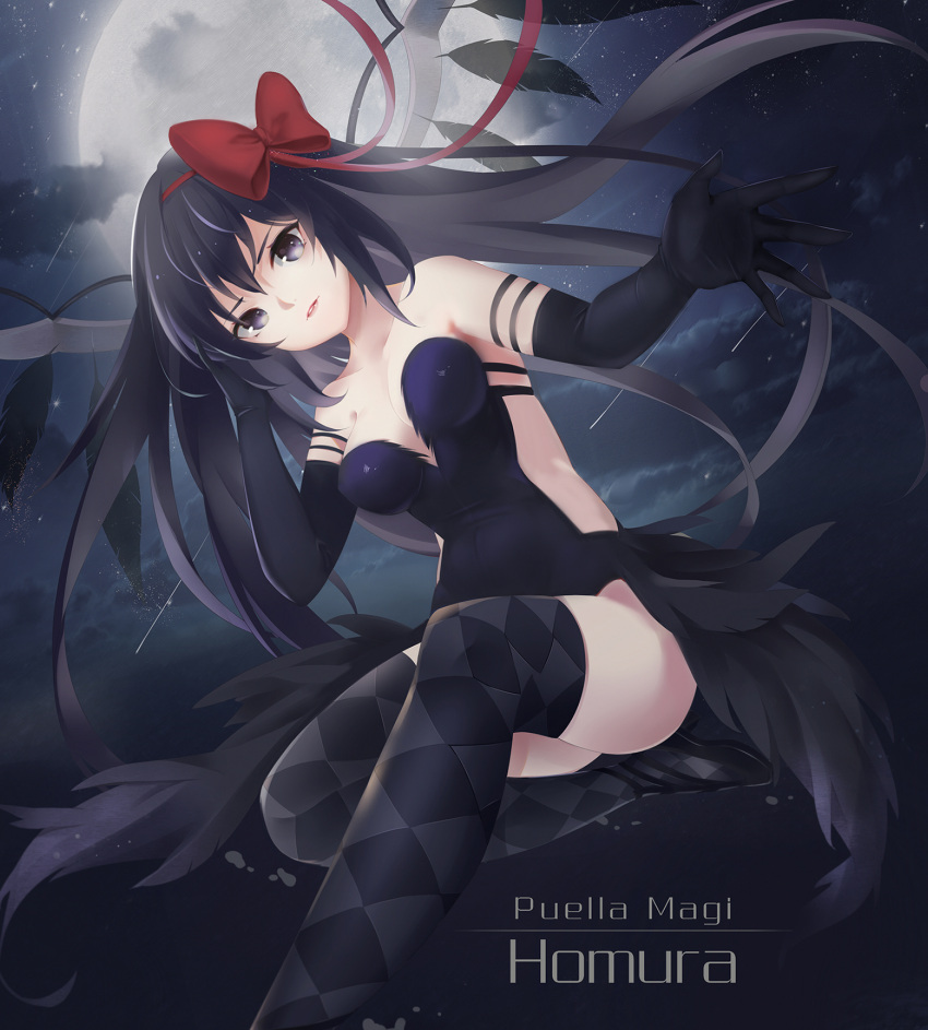 1girl akemi_homura akuma_homura argyle argyle_legwear ass bare_shoulders black_dress black_gloves black_hair bow breasts character_name cleavage dress elbow_gloves feathered_wings frown full_moon gloves highres long_hair looking_at_viewer mahou_shoujo_madoka_magica mahou_shoujo_madoka_magica_movie medium_breasts moon night night_sky nizuma_maruko reaching_out red_bow shooting_star sky solo star_(sky) starry_sky thigh-highs violet_eyes wings
