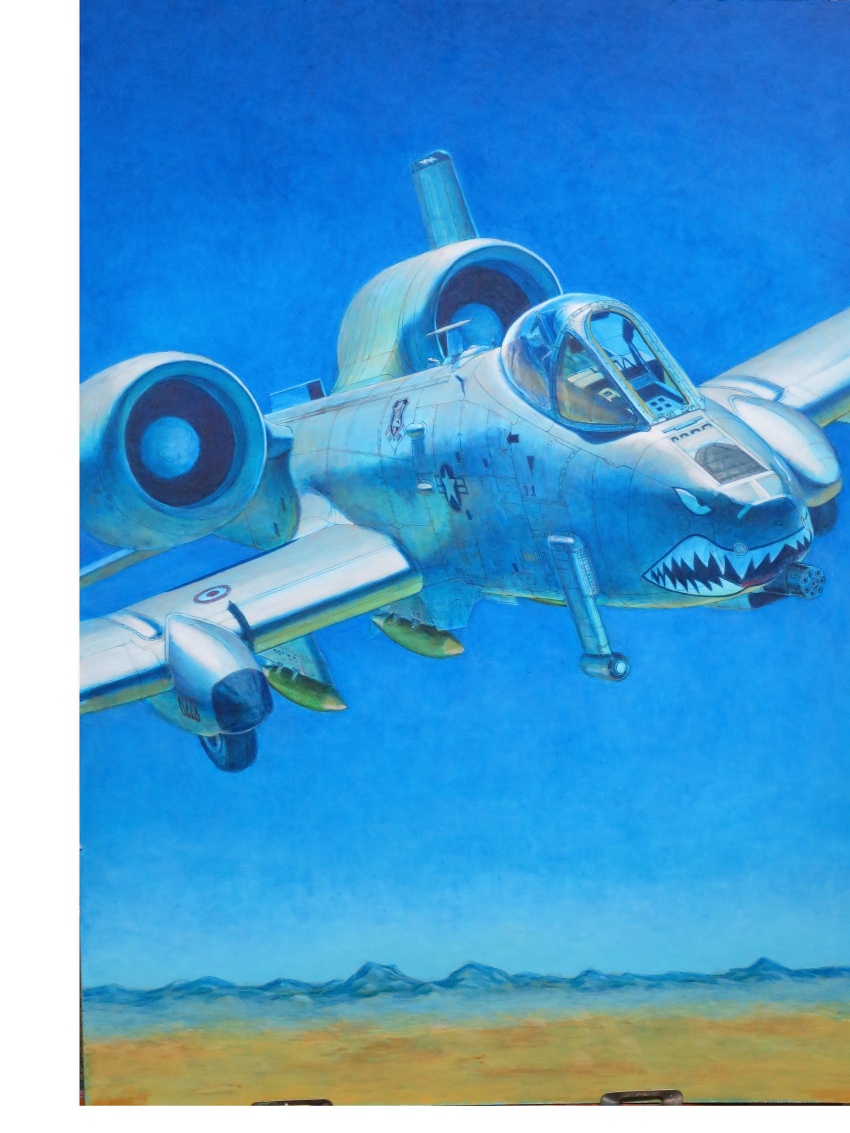 a-10_thunderbolt_ii absurdres acrylic_paint_(medium) aircraft airplane blue_sky calligraphy_brush_(medium) commentary_request day flying gatling_gun gun hayashi_toshihiro highres horizon military outdoors photo rocket scenery sky solo traditional_media weapon