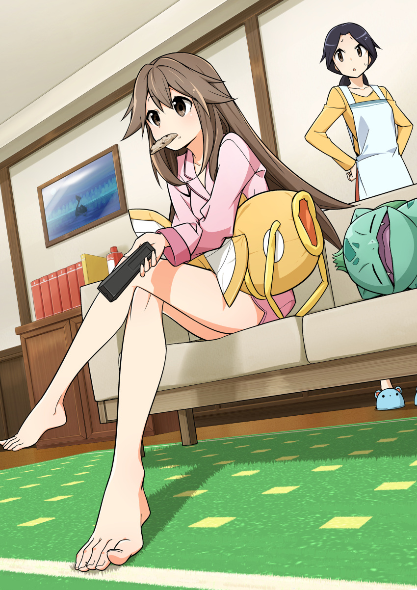 2girls absurdres apron bare_legs barefoot blue_(pokemon) brown_eyes brown_hair bulbasaur commentary_request controller cookie couch feet food food_in_mouth full_body hands_on_hips highres indoors legs_crossed living_room long_hair magikarp mother_(pokemon) mother_and_daughter multiple_girls pajamas pokemon pokemon_(creature) pokemon_(game) pokemon_frlg pokemon_rgby pov remote_control sitting sleeping slippers stuffed_toy toes