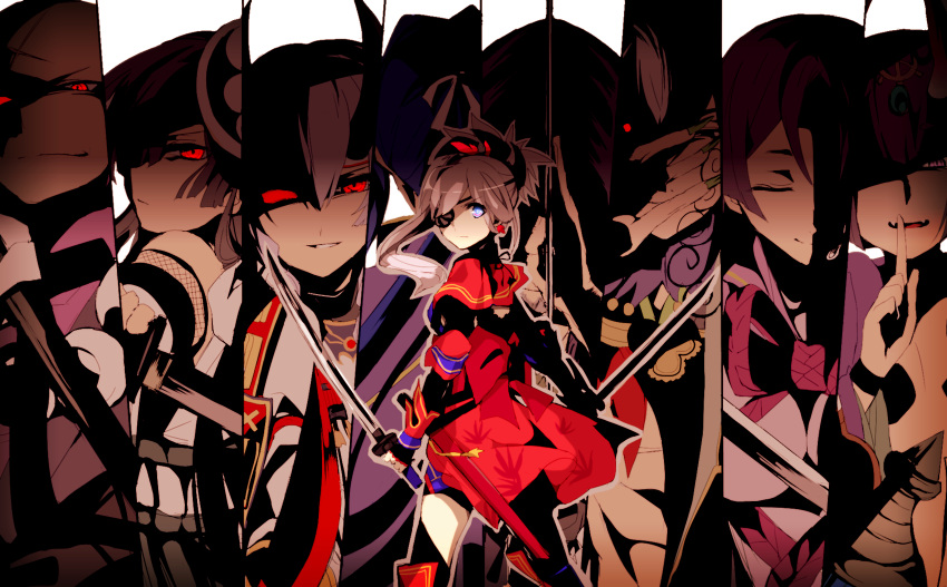 6+girls ashiya_douman_(fate/grand_order) assassin_(fate/stay_night) closed_eyes commentary_request cowboy_shot dress dual_wielding eyepatch fangs fate/grand_order fate_(series) fingerless_gloves from_behind gloves glowing glowing_eyes grey_hair highres hiiragi_fuyuki holding holding_sword holding_weapon horns houzouin_inshun_(fate/grand_order) katana long_hair looking_at_viewer looking_back minamoto_no_raikou_(fate/grand_order) miyamoto_musashi_(fate/grand_order) mochizuki_chiyome_(fate/grand_order) multiple_girls projected_inset red_dress red_eyes shuten_douji_(fate/grand_order) standing sword tomoe_gozen_(fate/grand_order) weapon yagyuu_munenori_(fate/grand_order)
