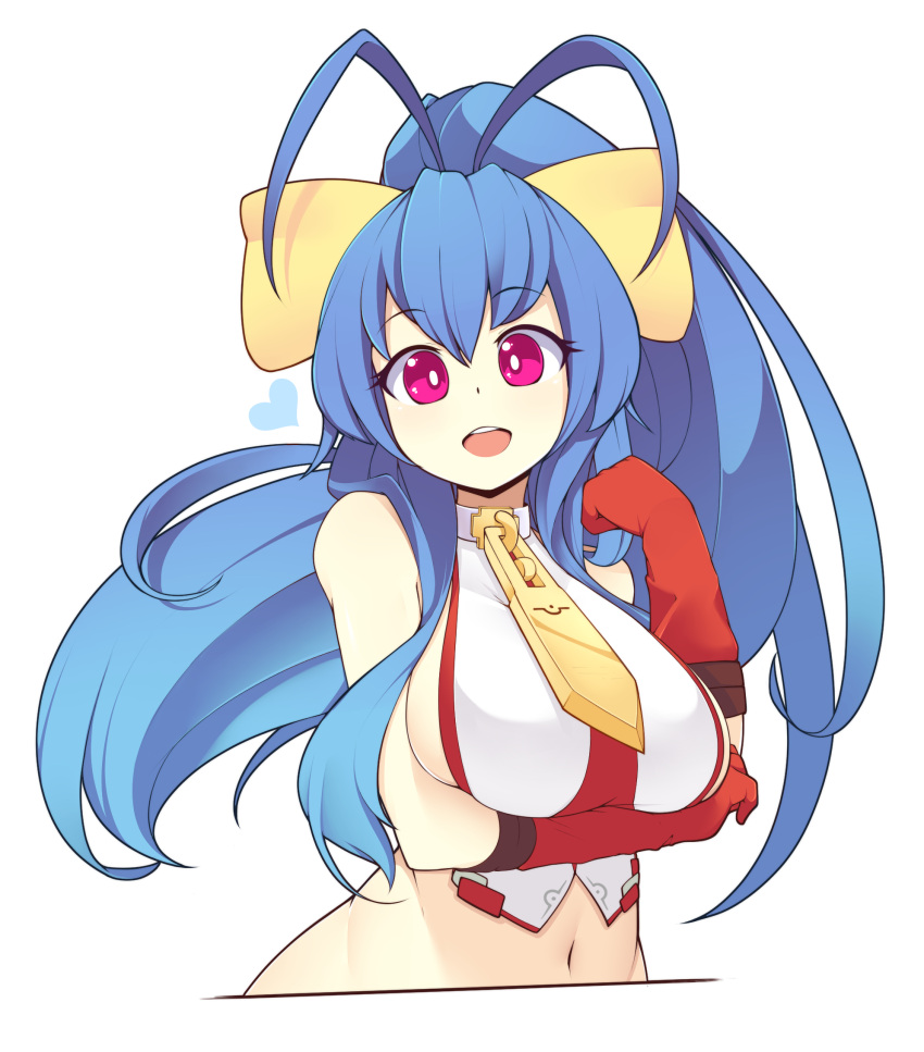 1girl antenna_hair backless_outfit bare_shoulders blazblue blazblue:_central_fiction blazblue_variable_heart blue_hair blush bow breast_hold breast_lift breasts fizintine genderswap genderswap_(mtf) gloves hair_between_eyes hair_bow halter_top halterneck hand_up heart highres large_breasts long_hair looking_at_viewer mai_natsume midriff navel no_bra open_mouth ponytail red_gloves revealing_clothes ribbon sidelocks smile solo stomach upper_body very_long_hair violet_eyes yellow_bow