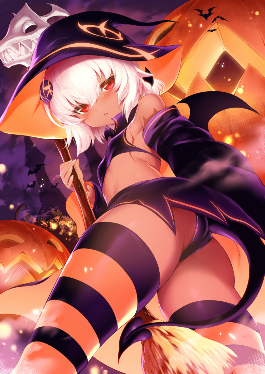 1girl :o ass bangs bare_shoulders bat bat_wings black_wings blush breasts broom colored_stripes commentary_request copyright_request dark_skin demon_girl detached_sleeves from_behind from_below halloween hat highres holding holding_broom jacket long_sleeves m-da_s-tarou panties parted_lips pumpkin purple_hat purple_panties purple_skirt purple_sky red_eyes short_hair silver_hair skirt skull small_breasts standing striped striped_legwear thigh-highs thighs tsurime twisted_torso underwear upskirt wings witch_hat