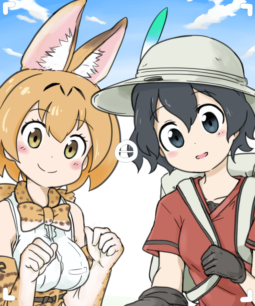 2girls absurdres animal_ears backpack bag bare_shoulders belt black_eyes black_gloves black_hair blonde_hair blush bow bowtie clouds day elbow_gloves extra_ears eyebrows_visible_through_hair frilled_shirt frills gloves hair_between_eyes hat hat_feather high-waist_skirt highres hisano1202 holding_strap kaban_(kemono_friends) kemono_friends looking_at_viewer multiple_girls paw_pose print_gloves print_neckwear print_skirt red_shirt serval_(kemono_friends) serval_ears shirt short_hair short_sleeves skirt sky sleeveless smile taking_picture upper_body yellow_eyes