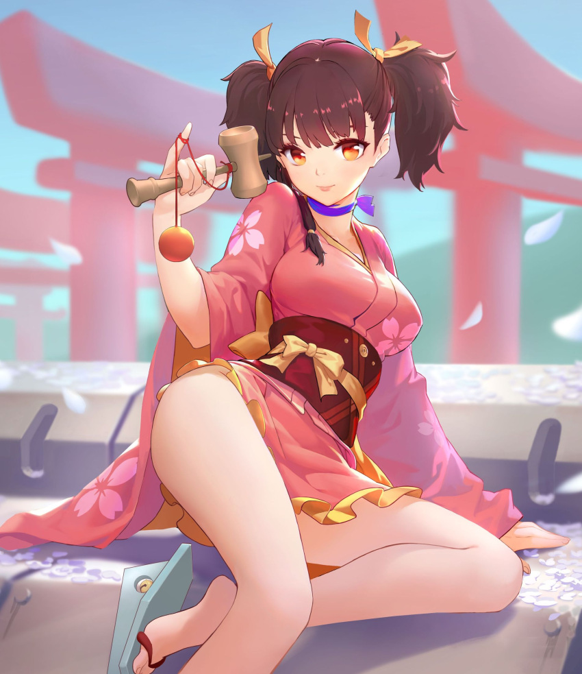 1girl arm_support bangs bare_legs breasts brown_hair choker closed_mouth feet floral_print frill_trim hair_tie highres japanese_clothes kimono koutetsujou_no_kabaneri leg_up long_sleeves looking_at_viewer medium_breasts mumei_(kabaneri) nfb-zmc orange_eyes outdoors petals pinky_out ribbon_choker sandals short_kimono short_twintails sitting smile solo torii twintails wide_sleeves yokozuwari