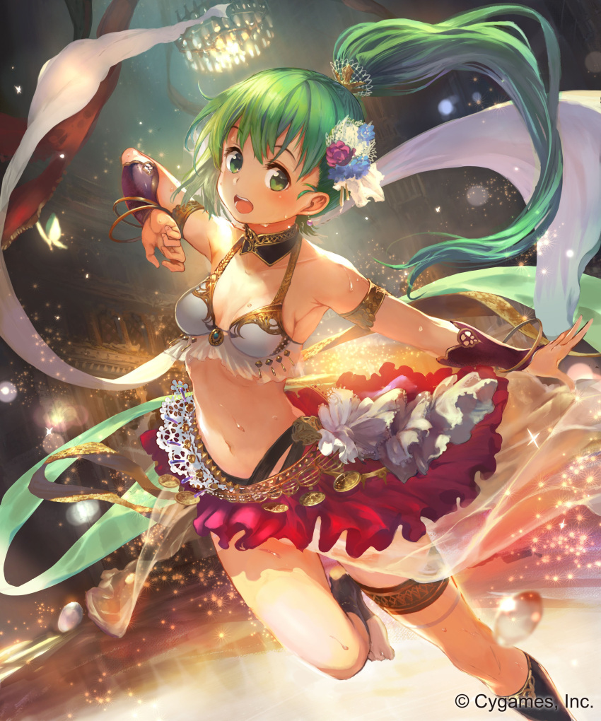 1girl absurdres barefoot blue_flower bracelet breasts butterfly choker cleavage collarbone dancing feet floating_hair flower green_eyes green_hair hair_flower hair_ornament high_ponytail highres igarashi_youhei indoors jewelry long_hair looking_at_viewer medium_breasts midriff miniskirt navel one_leg_raised open_mouth outstretched_arm red_flower red_skirt shingeki_no_bahamut sideboob skirt solo stomach sweat thigh_strap toeless_legwear