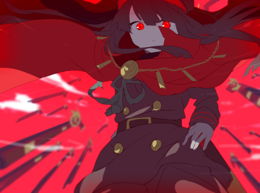 1girl bangs belt blunt_bangs cape chains closed_mouth demon_archer fate_(series) gun hair_between_eyes hands_on_hips hat hiiragi_fuyuki koha-ace long_hair long_sleeves looking_at_viewer musket red_background red_cape red_eyes solo standing weapon