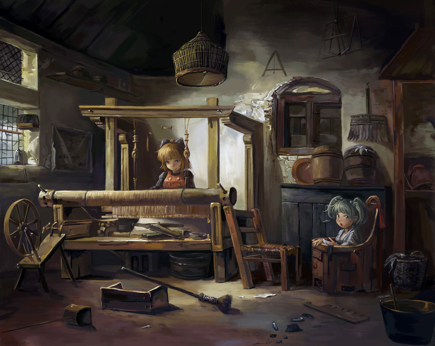 2girls amibazh barrel bench blonde_hair blue_eyes bow broom brown_eyes chair commentary dark fine_art_parody green_hair hair_bobbles hair_bow hair_ornament indoors kisume kurodani_yamame looking_at_viewer loom multiple_girls open_mouth parody sewing spinning_wheel touhou two_side_up window