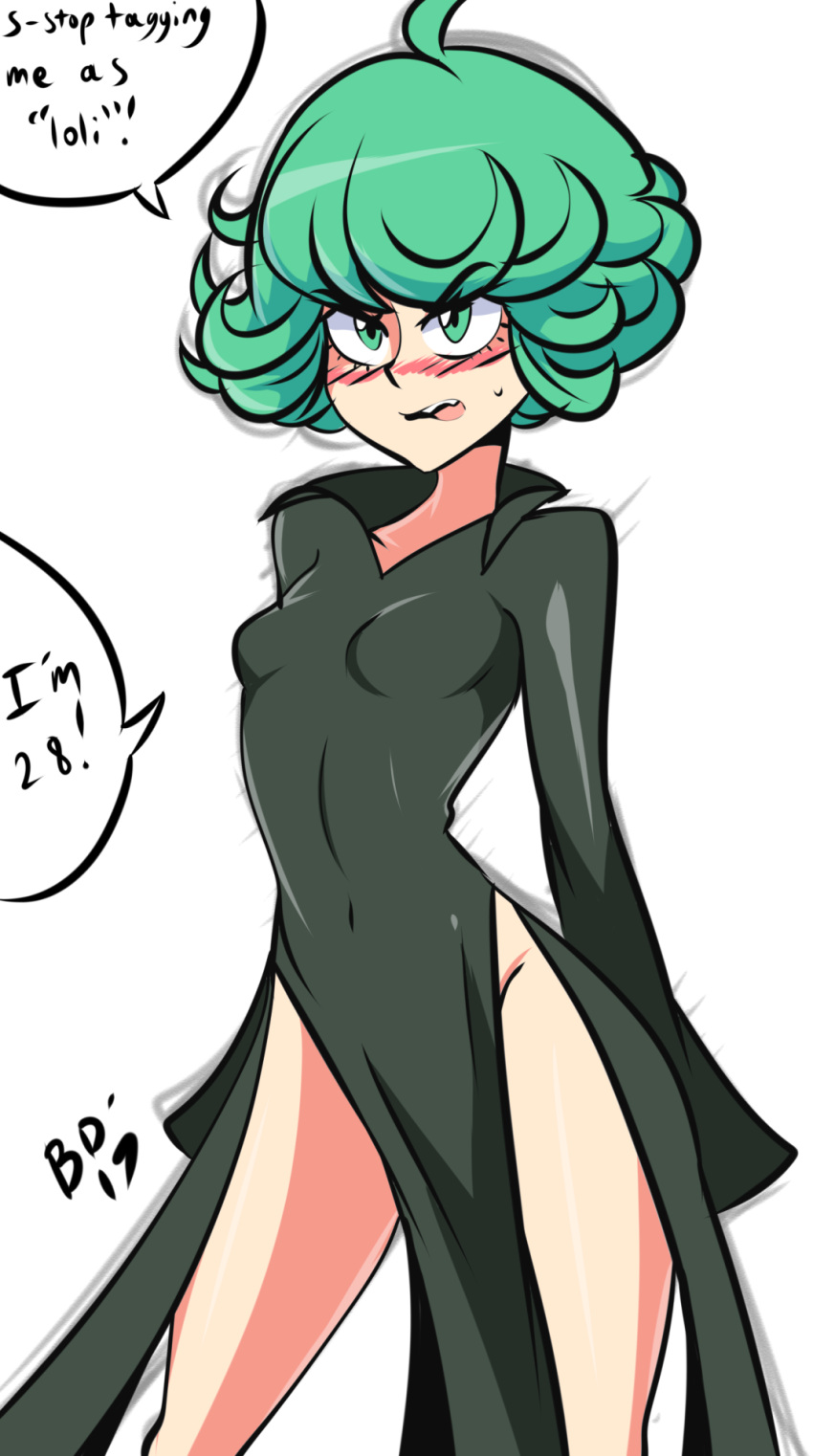 1girl bigdead93 black_dress blush breasts covered_navel cowboy_shot curly_hair dress english eyebrows_visible_through_hair green_eyes green_hair highres one-punch_man open_mouth pelvic_curtain short_hair side_slit small_breasts solo speech_bubble talking tatsumaki text