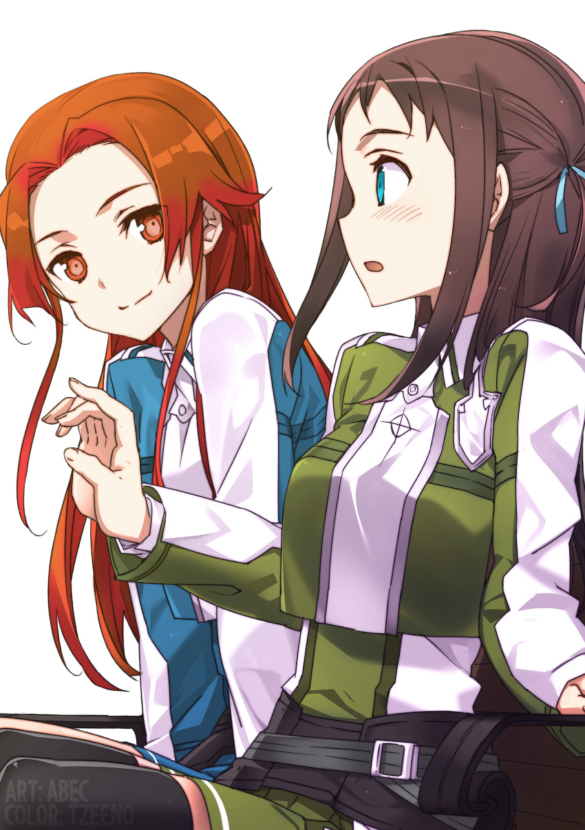 2girls abec artist_name black_legwear blue_eyes blue_ribbon blush brown_hair character_request colored eye_contact hair_ribbon highres long_hair looking_at_another multiple_girls open_mouth orange_hair red_eyes ribbon simple_background sitting smile sword_art_online thigh-highs watermark white_background zettai_ryouiki
