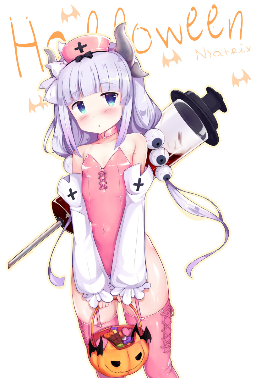 1girl :o artist_name bangs bare_shoulders blood blue_eyes blunt_bangs blush candy choker covered_navel cowboy_shot detached_sleeves eyeball eyebrows_visible_through_hair flat_chest food gradient_hair halloween hat highres holding horns kanna_kamui kobayashi-san_chi_no_maidragon leotard long_hair long_sleeves looking_at_viewer low-tied_long_hair low_twintails multicolored_hair nurse nurse_cap nyatrix parted_lips pink_hair pink_legwear pink_leotard pink_neckwear silver_hair simple_background sleeves_past_wrists solo standing strapless strapless_leotard syringe tareme thigh-highs twintails yellow_background