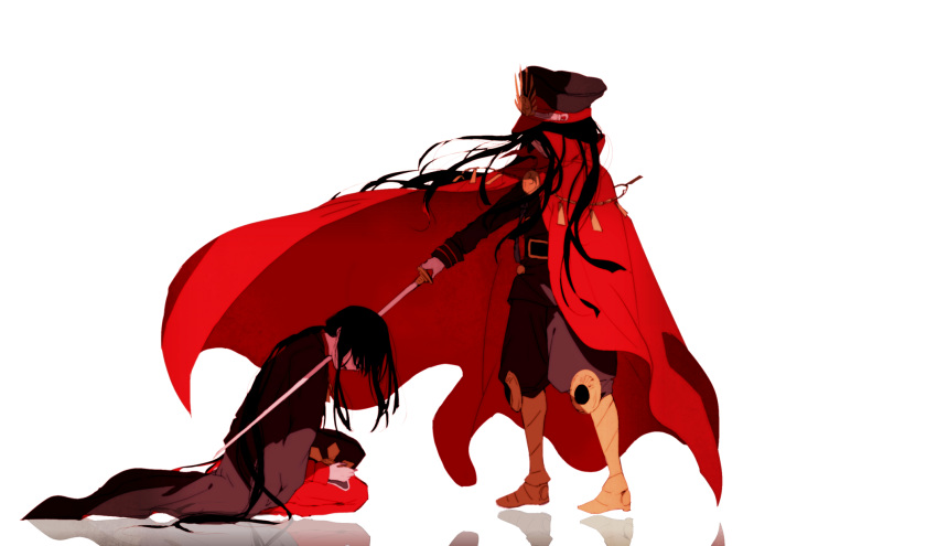 1boy 1girl black_hair boots cape commentary_request covered_face demon_archer fate_(series) from_side hat highres hiiragi_fuyuki holding holding_weapon katana koha-ace long_hair long_sleeves looking_at_another oda_nobukatsu_(fate/grand_order) peaked_cap red_cape simple_background sitting standing sword weapon white_background