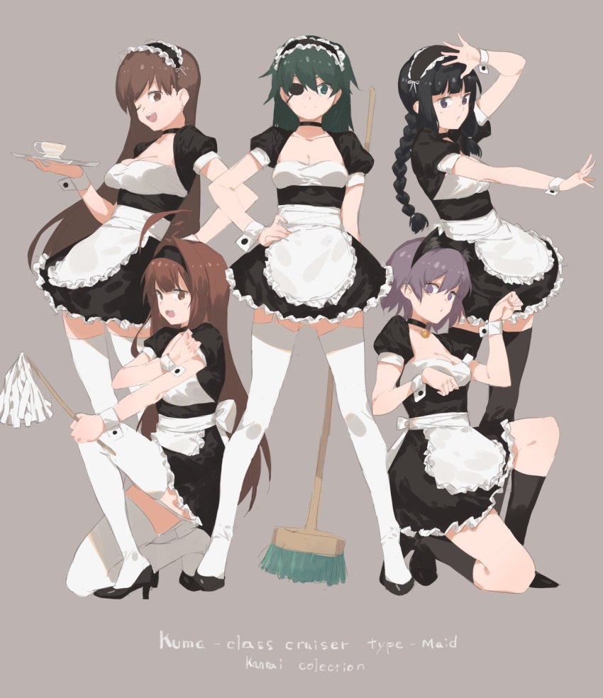 2l_(2lsize) 5girls ;d ahoge alternate_costume animal_ears apron arm_up bell bell_choker black_hair black_legwear braid breasts broom brown_eyes brown_hair cat_ears choker cleavage closed_mouth enmaided eyepatch garter_straps green_eyes green_hair grey_background hair_intakes hairband hand_on_hip high_heels highres jingle_bell kantai_collection kiso_(kantai_collection) kitakami_(kantai_collection) kneehighs kneeling kuma_(kantai_collection) lolita_hairband long_hair maid medium_breasts multiple_girls one_eye_closed ooi_(kantai_collection) open_mouth paw_pose purple_hair short_hair simple_background single_braid smile standing tama_(kantai_collection) thigh-highs tray violet_eyes waist_apron white_legwear wrist_cuffs