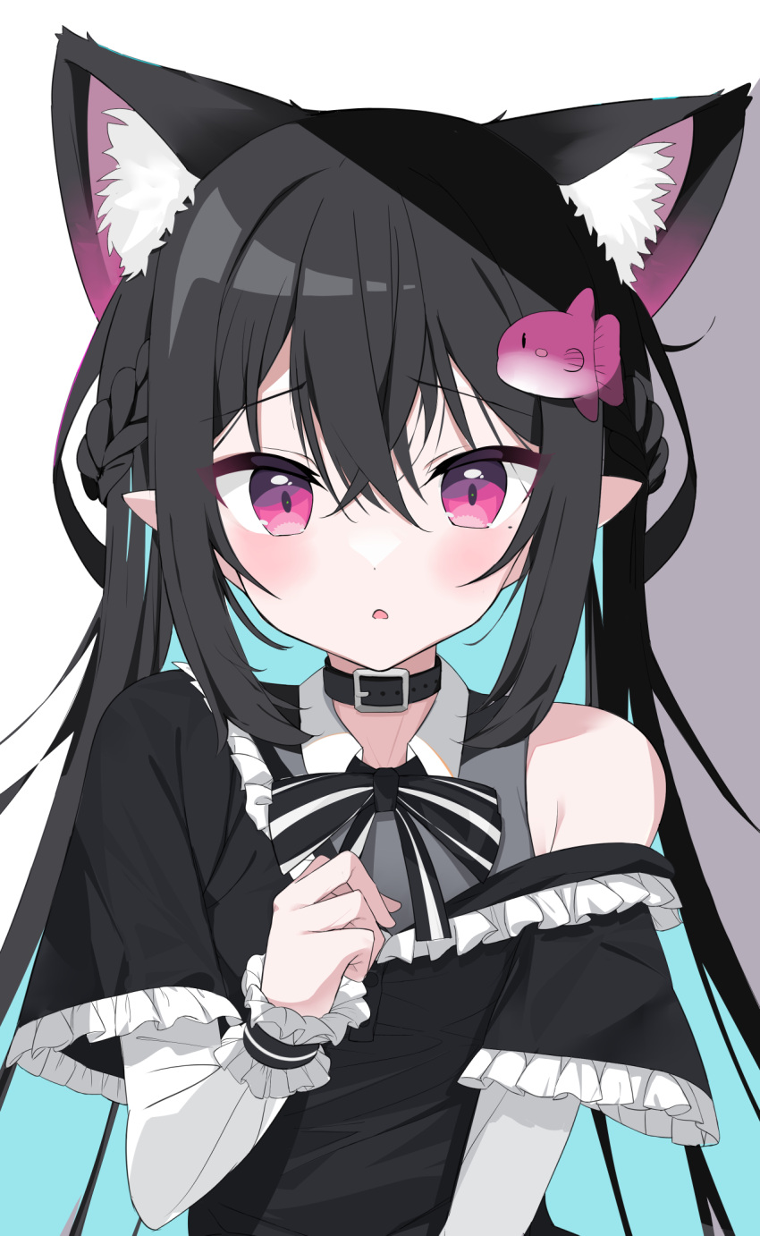 1girl animal_ear_fluff animal_ears bangs bare_shoulders black_shirt blue_hair braid commentary_request fish_hair_ornament fox_ears frilled_shirt frilled_sleeves frills grey_background hair_between_eyes hair_ornament hand_up highres layered_sleeves long_hair long_sleeves looking_at_viewer multicolored_hair odeclea off_shoulder original parted_lips pointy_ears shirt short_over_long_sleeves short_sleeves solo two-tone_background two-tone_hair upper_body very_long_hair violet_eyes white_background