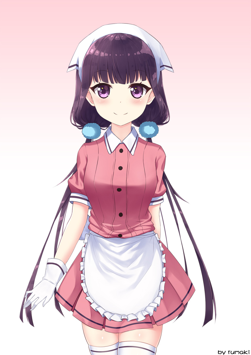 1girl apron arm_behind_back artist_name blend_s blush brown_hair closed_mouth commentary_request employee_uniform eyebrows_visible_through_hair frilled_apron frills gloves gradient gradient_background head_scarf highres long_hair looking_at_viewer low_twintails pink_shirt pink_skirt pleated_skirt pom_pom_(clothes) puffy_short_sleeves puffy_sleeves rumaki sakuranomiya_maika shirt short_sleeves skindentation skirt smile solo thigh-highs twintails uniform very_long_hair violet_eyes waist_apron waitress white_apron white_gloves white_legwear