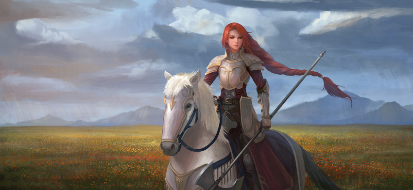 1girl armor braid fire_emblem fire_emblem:_souen_no_kiseki green_eyes highres horse long_hair paladin polearm redhead tiamat_(fire_emblem) weapon yagaminoue