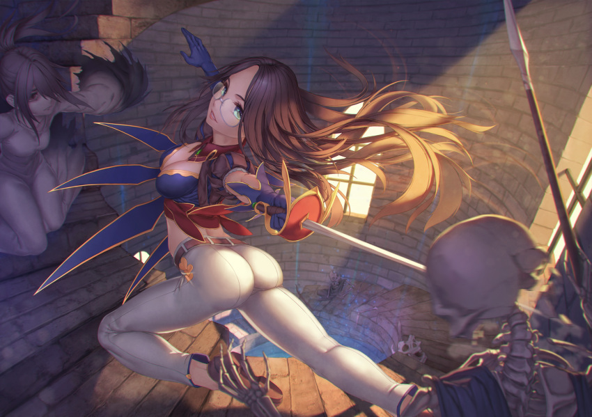 2girls blue_eyes blue_gloves breasts cleavage fate/grand_order fate_(series) floating_hair from_side glasses gloves holding holding_sword holding_weapon leonardo_da_vinci_(fate/grand_order) long_hair looking_at_viewer looking_to_the_side medium_breasts multiple_girls pants parted_lips puffy_short_sleeves puffy_sleeves rapier rotix short_sleeves skeleton smile stairs sunlight sword tower weapon white_pants