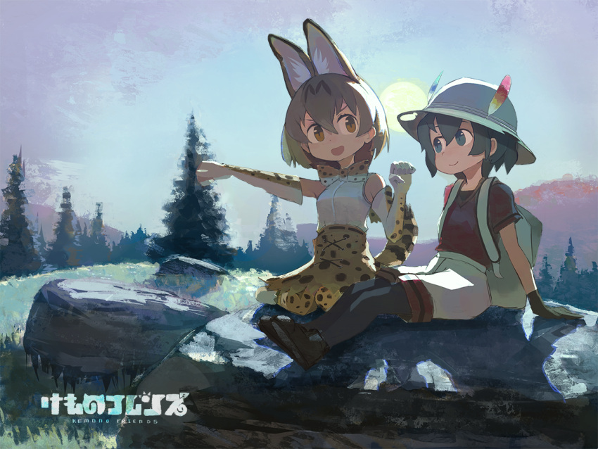 &gt;:d 2girls :d animal_ears backpack bag bare_shoulders belt black_eyes black_gloves black_hair black_legwear blonde_hair bow bowtie copyright_name elbow_gloves extra_ears gloves hair_between_eyes hat hat_feather high-waist_skirt kaban_(kemono_friends) kemono_friends logo looking_at_another multicolored multicolored_clothes multicolored_gloves multiple_girls open_mouth outdoors outstretched_arm pantyhose paw_pose print_gloves print_neckwear print_skirt red_shirt rock saltlaver serval_(kemono_friends) serval_ears serval_print serval_tail shadow shirt short_hair short_sleeves shorts sitting sitting_on_rock skirt sky sleeveless smile sun sunlight tail tree yellow_eyes