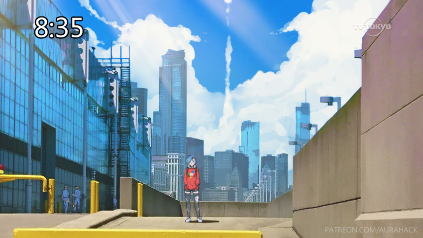 1girl 3boys backpack bag blue_hair blue_sky broom building chicago clouds commentary derivative_work erica_june_lahaie fake_screenshot hair_over_one_eye hands_in_pockets hat headphones headphones_around_neck highres multiple_boys original shadow shoes short_shorts shorts sky skyscraper sneakers sunlight sweater thigh-highs watermark web_address