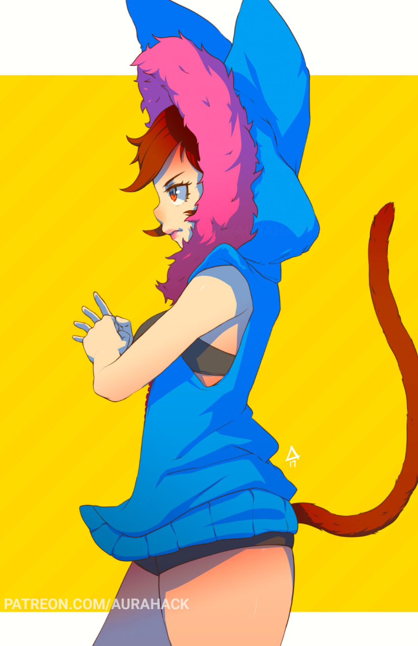 1girl bandeau cat_tail clenched_hand erica_june_lahaie from_side highres hood original profile red_eyes redhead short_shorts shorts signature sleeveless solo sweater tail watermark web_address