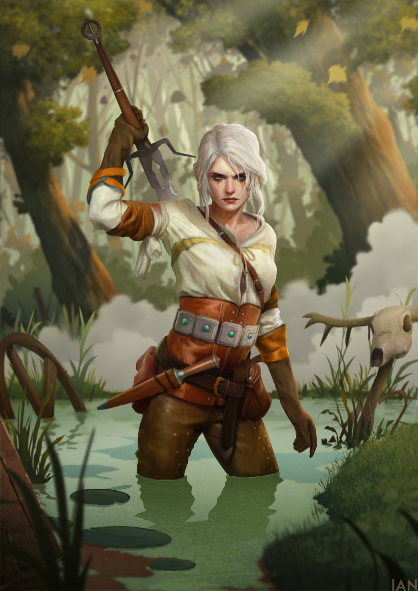 1girl absurdres armband bandage bandaged_arm belt blood breasts brown_gloves ciri dagger gloves green_eyes highres ian_loginov injury leather lips looking_at_viewer md5_mismatch runny_makeup sarashi scar sheath shirt short_hair silver_hair small_breasts solo swamp sword sword_on_back the_witcher the_witcher_3 unsheathing wading weapon white_hair