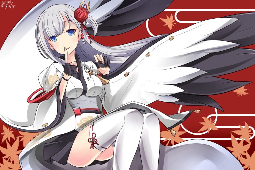 1girl azur_lane black_gloves blue_eyes commentary_request finger_to_mouth fingerless_gloves gloves hair_ornament hebitsukai-san highres index_finger_raised japanese_clothes long_hair looking_at_viewer obi parted_lips pleated_skirt sash shoukaku_(azur_lane) silver_hair skirt smile solo thigh-highs white_legwear wide_sleeves zettai_ryouiki