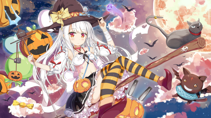 1girl absurdres alternate_costume araragikoyomis azur_lane black_cat breasts broom broom_riding candy cannon cat clouds collarbone erebus_(azur_lane) food full_moon ghost halloween hat highres jack-o'-lantern long_hair looking_at_viewer moon navel pumpkin red_eyes ribbon solo staff striped striped_legwear thigh-highs weapon white_hair witch_hat