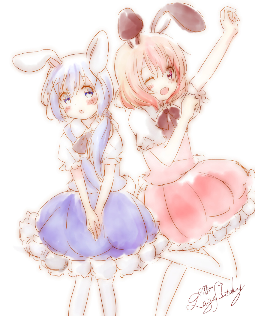 2girls :o ;d absurdres animal_ears arm_up artist_name bangs black_neckwear blue_eyes blue_skirt blue_vest blush bow bowtie bunny_tail collared_shirt eyebrows_visible_through_hair flat_chest frilled_skirt frills gochuumon_wa_usagi_desu_ka? hair_ornament hair_scrunchie hairclip hands_together highres hoto_cocoa kafuu_chino kemonomimi_mode light_blue_hair long_hair looking_at_viewer low_ponytail multiple_girls one_eye_closed open_mouth orange_hair pantyhose pink_skirt pink_vest puffy_short_sleeves puffy_sleeves rabbit_ears razu_bitaki scrunchie shirt short_hair short_sleeves sidelocks signature simple_background sketch skirt smile standing standing_on_one_leg tail vest violet_eyes white_background white_legwear white_shirt wing_collar x_hair_ornament