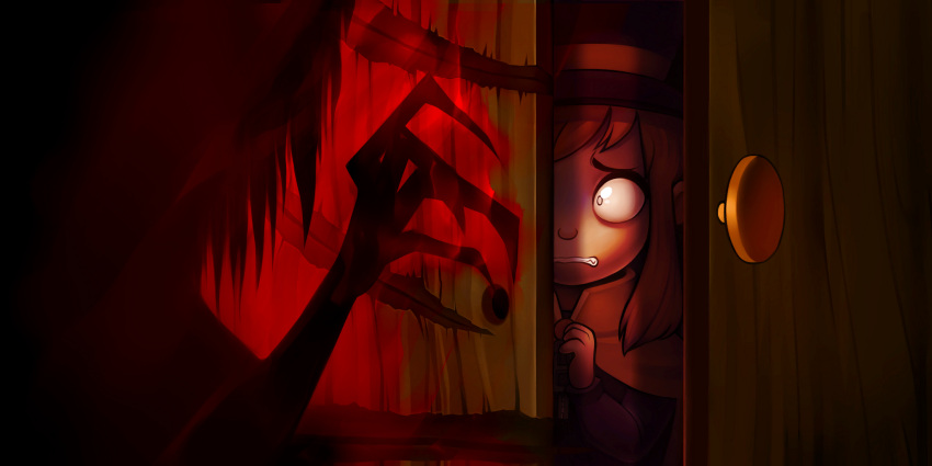 a_hat_in_time cape clenched_teeth door doorknob hat hat_kid highres jenna_brown official_art scared scratches shadow teeth top_hat