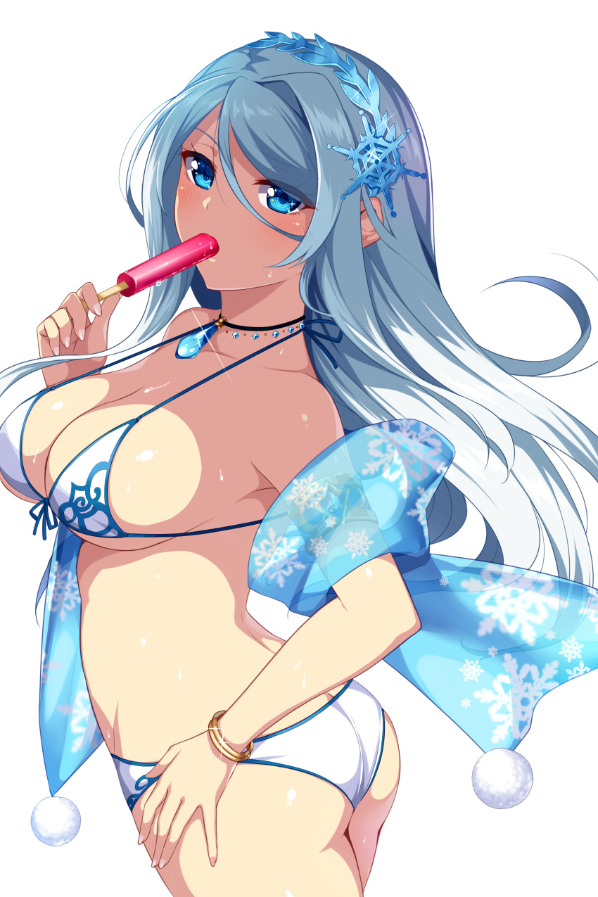 1girl absurdres ass bikini bikini_under_clothes blue_eyes bracelet brave_girl_ravens breasts character_request cleavage cowboy_shot food food_in_mouth from_side front-tie_bikini front-tie_top glint hair_between_eyes hairband halterneck hand_on_hip highres hips horosuke_(toot08) jewelry long_hair looking_at_viewer looking_back medium_breasts mouth_hold necklace pendant popsicle sideboob silver_hair simple_background solo strap_gap sweat swimsuit thighs white_background white_bikini