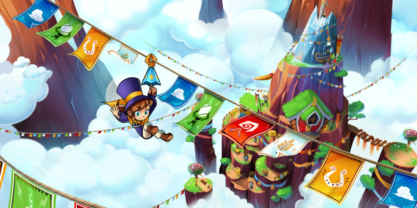 a_hat_in_time blue_eyes boots bridge brown_hair cape clouds cloudy_sky flag floating_island grass grassy hat hat_kid hay haystack highres hook house jenna_brown mountain official_art ponytail rooftop rope sky symbol top_hat tree umbrella well wheelbarrow window