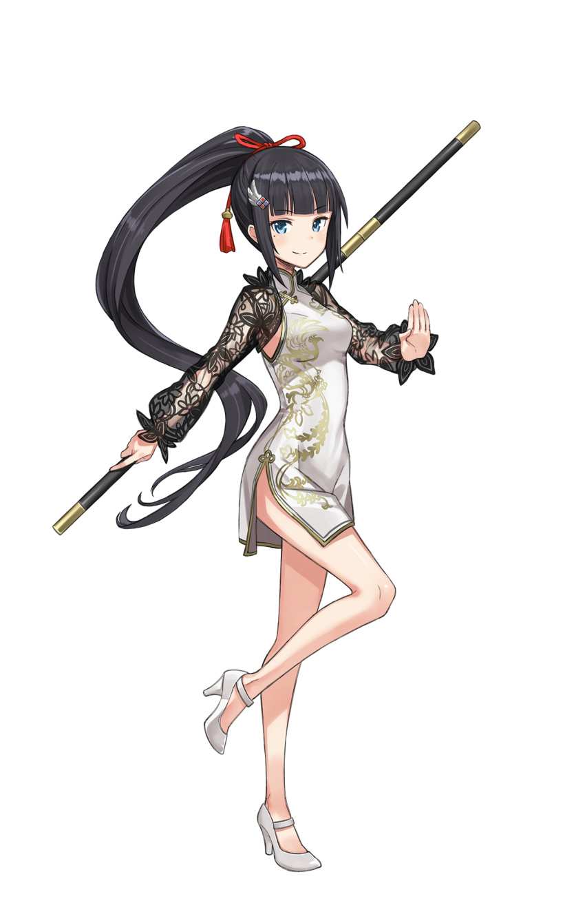 1girl blue_eyes china_dress chinese_clothes dress full_body hair_ornament high_heels highres holding holding_staff josie_rosebud long_hair looking_at_viewer mole mole_under_eye official_art ponytail princess_principal princess_principal_game_of_mission shoes smile solo staff standing standing_on_one_leg transparent_background very_long_hair white_footwear
