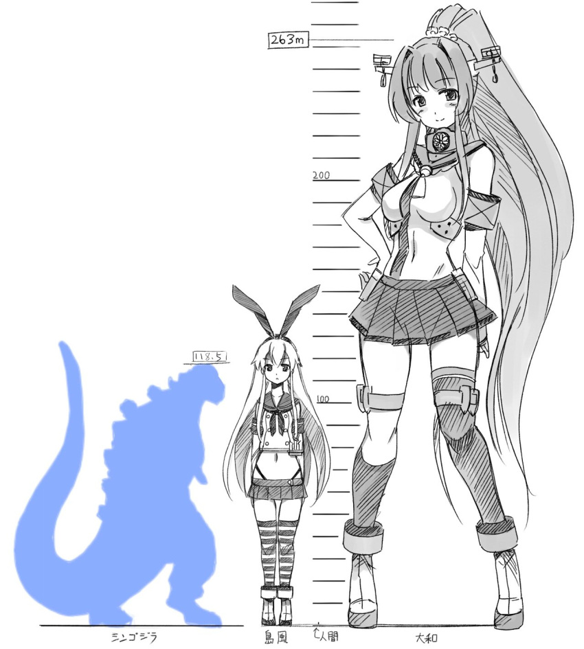 2girls anchor animal_ears armband asymmetrical_legwear breasts detached_sleeves full_body giantess godzilla godzilla_(series) greyscale hair_intakes hand_on_hip headgear height_chart highres kantai_collection long_hair medium_breasts monochrome multiple_girls navel pleated_skirt ponytail rabbit_ears seo_tatsuya shimakaze_(kantai_collection) size_difference sketch skirt standing striped striped_legwear thong very_long_hair yamato_(kantai_collection)