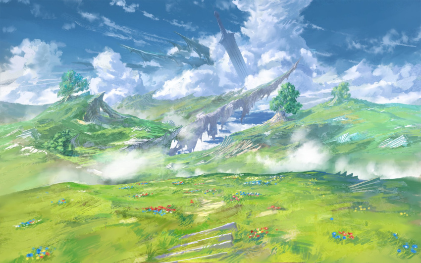 blue_sky cliff clouds cloudy_sky day fantasy field flower grass highres no_humans outdoors oversized_object ruins scenery sky tree valley you_shimizu