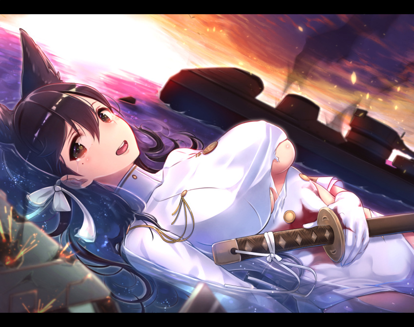 1girl animal_ears atago_(azur_lane) azur_lane black_eyes black_hair blood breasts gloves hair_ribbon highres large_breasts long_hair looking_at_viewer lying_on_water mole mole_under_eye no_bra ocean pecolondon ribbon solo sword tears torn_clothes water weapon white_gloves