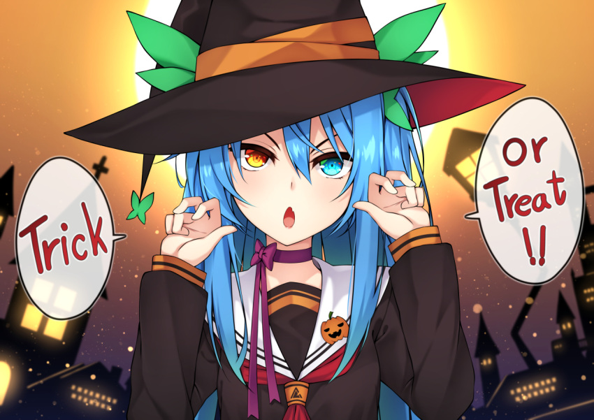 &gt;:o 1girl :o blue_eyes blue_hair brown_shirt choker commentary english hair_between_eyes halloween hands_up hat healther heterochromia long_hair long_sleeves looking_at_viewer orange_eyes original purple_neckwear sailor_collar shirt solo trick_or_treat upper_body witch_hat