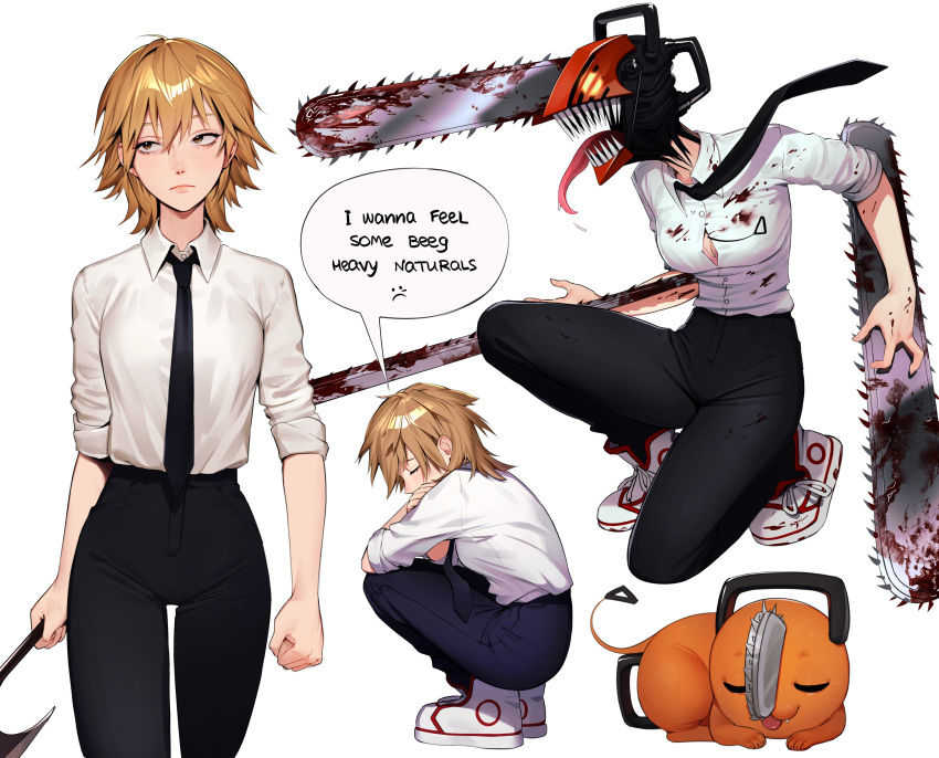 1girl absurdres bangs black_necktie black_pants blonde_hair blood blood_on_clothes breasts chainsaw chainsaw_devil chainsaw_man denji_(chainsaw_man) english_text from_side genderswap genderswap_(mtf) highres lavelis long_sleeves long_tongue medium_breasts medium_hair necktie pants pochita_(chainsaw_man) sharp_teeth shiny shiny_hair shirt shirt_tucked_in shoes simple_background sneakers speech_bubble squatting teeth tongue tongue_out weapon white_background white_shirt