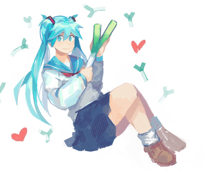 1girl aqua_eyes aqua_hair bangs blue_sailor_collar blue_skirt brown_footwear closed_mouth eyebrows_visible_through_hair hair_between_eyes hatsune_miku heart highres idk-kun legs_crossed long_hair looking_at_viewer neckerchief red_neckwear school_uniform serafuku shirt shoes sitting sketch skirt smile solo spring_onion twintails vocaloid white_shirt