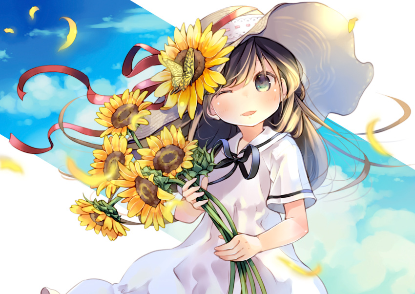 1girl black_ribbon blue_sky blush brown_hair clouds cloudy_sky commentary_request day dress flower green_eyes hat holding holding_flower kuga_tsukasa long_hair looking_at_viewer neck_ribbon one_eye_closed original outdoors parted_lips petals ribbon sailor_collar short_sleeves sky smile solo summer sun_hat sundress sunflower upper_body white_dress